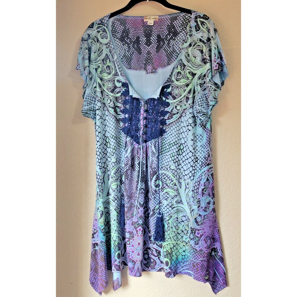 World Unity Tunic Top Womens Large Boho Hankerchief Hem Festival Fairy Purple